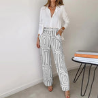 Vanessa - Women's Button-Front Shirt with Geometric Wide-Leg Trousers