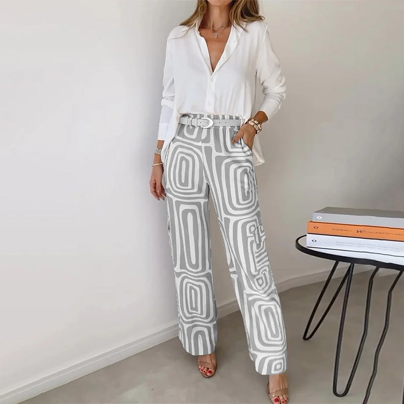 Vanessa - Women's Button-Front Shirt with Geometric Wide-Leg Trousers
