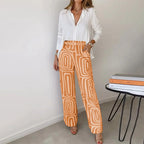 Vanessa - Women's Button-Front Shirt with Geometric Wide-Leg Trousers
