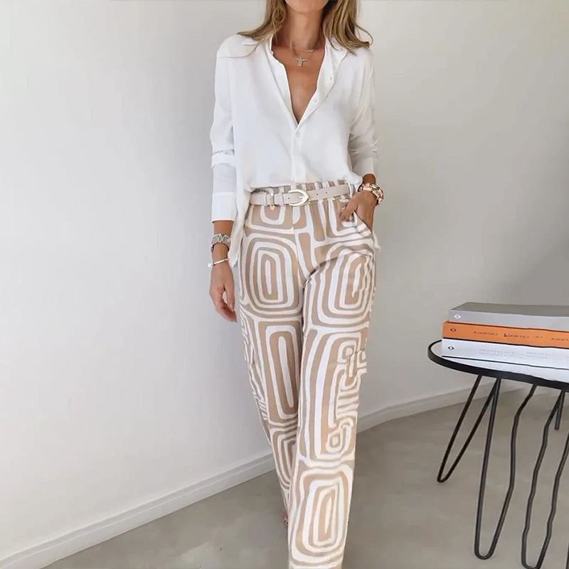 Vanessa - Women's Button-Front Shirt with Geometric Wide-Leg Trousers