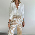 Vanessa - Women's Button-Front Shirt with Geometric Wide-Leg Trousers
