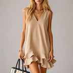 Vanessa - Women's Flounce Hem V-Neck Shift Dress