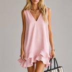 Vanessa - Women's Flounce Hem V-Neck Shift Dress