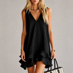 Vanessa - Women's Flounce Hem V-Neck Shift Dress
