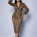 Venetia - Women's Animal Print V-Neck Midi Dress with Puff Sleeves