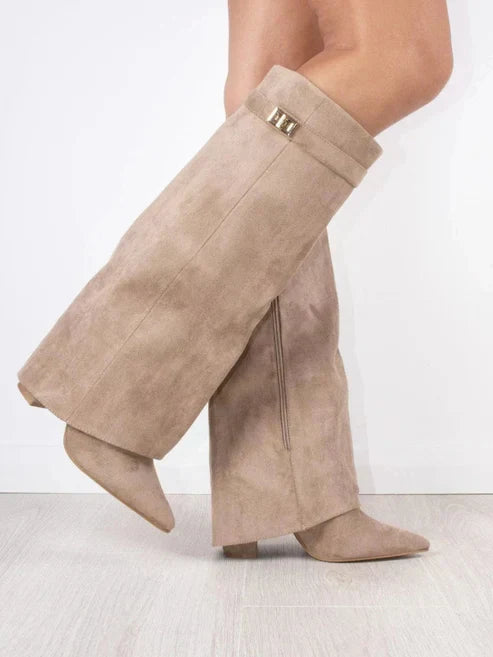 Venetia - Women's Suede Knee-High Boots with Buckle-Trim Cuff