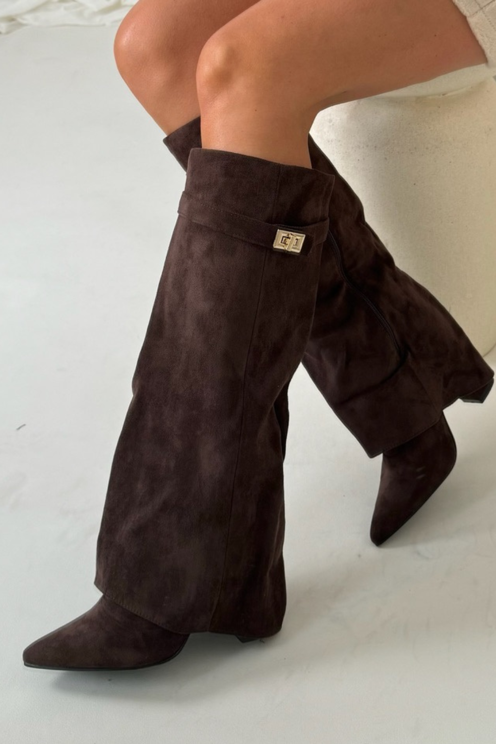 Venetia - Women's Suede Knee-High Boots with Buckle-Trim Cuff