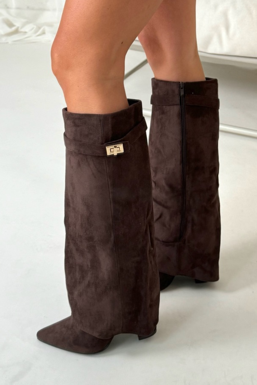 Venetia - Women's Suede Knee-High Boots with Buckle-Trim Cuff