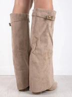 Venetia - Women's Suede Knee-High Boots with Buckle-Trim Cuff
