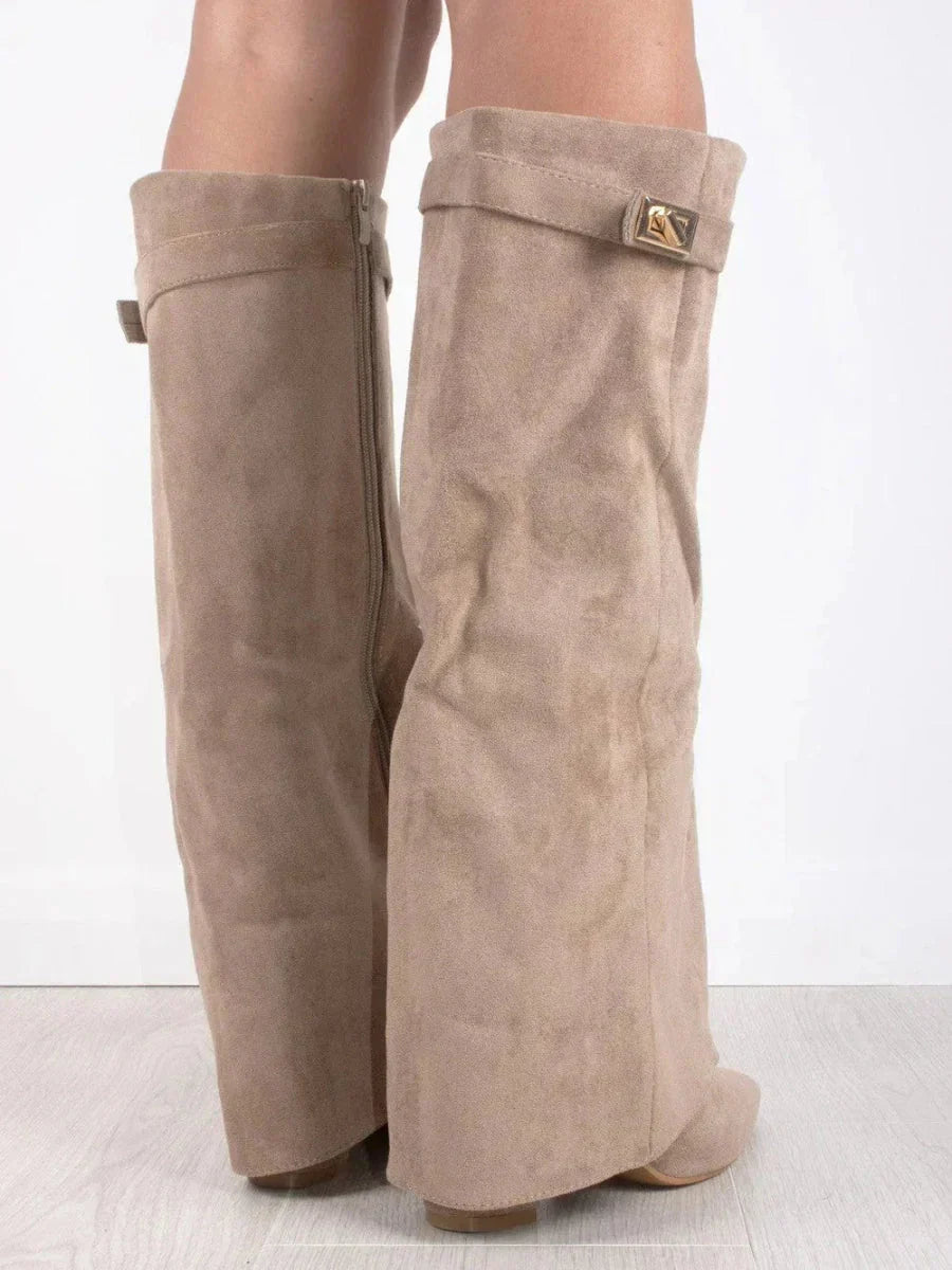 Venetia - Women's Suede Knee-High Boots with Buckle-Trim Cuff