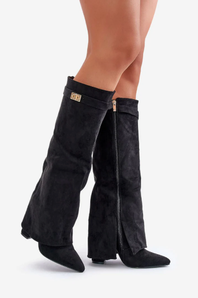 Venetia - Women's Suede Knee-High Boots with Buckle-Trim Cuff