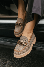 Vera - Women's Houndstooth Loafers with Chain Detail