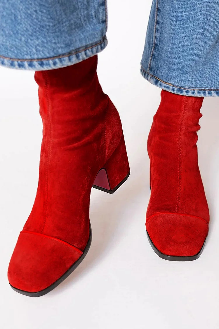 Vera - Women's Red Suede Ankle Boots with Square Toe and Block Heel