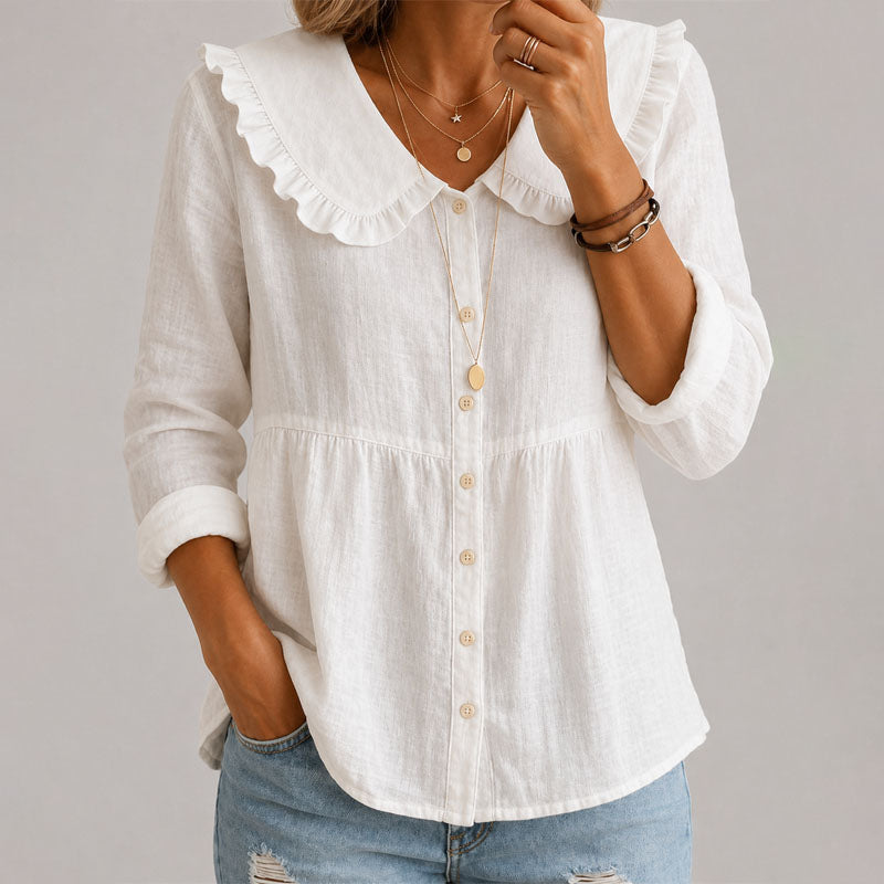 Vesper - Women's Ruffle Collar Button-Front Blouse