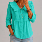 Vesper - Women's Ruffle Collar Button-Front Blouse