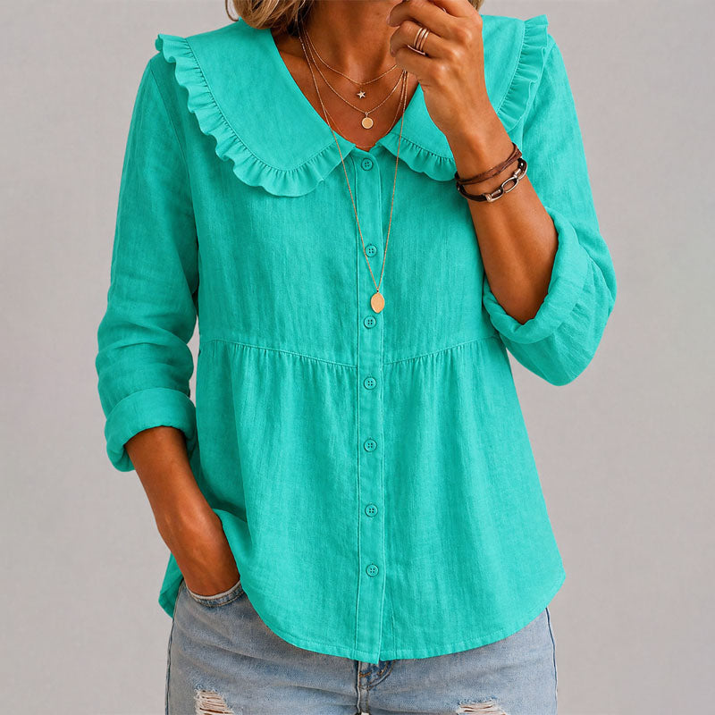 Vesper - Women's Ruffle Collar Button-Front Blouse