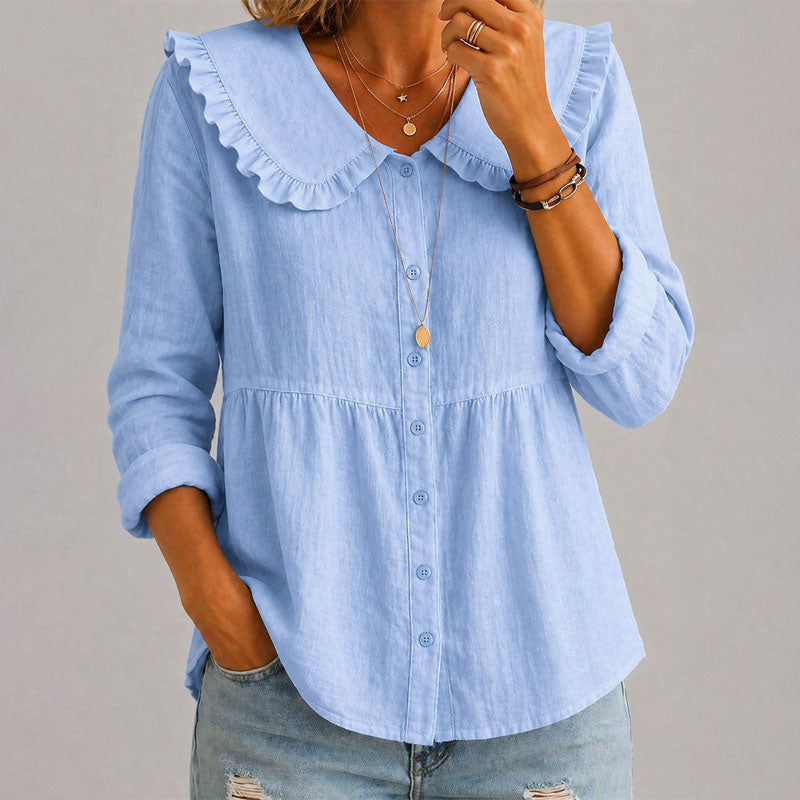 Vesper - Women's Ruffle Collar Button-Front Blouse