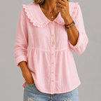 Vesper - Women's Ruffle Collar Button-Front Blouse