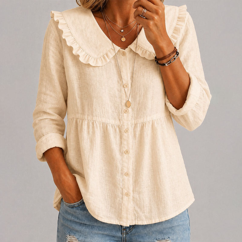 Vesper - Women's Ruffle Collar Button-Front Blouse