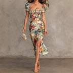 Victoria - Women's Floral Puff Sleeve Ruched Midi Dress 1