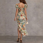 Victoria - Women's Floral Puff Sleeve Ruched Midi Dress 3