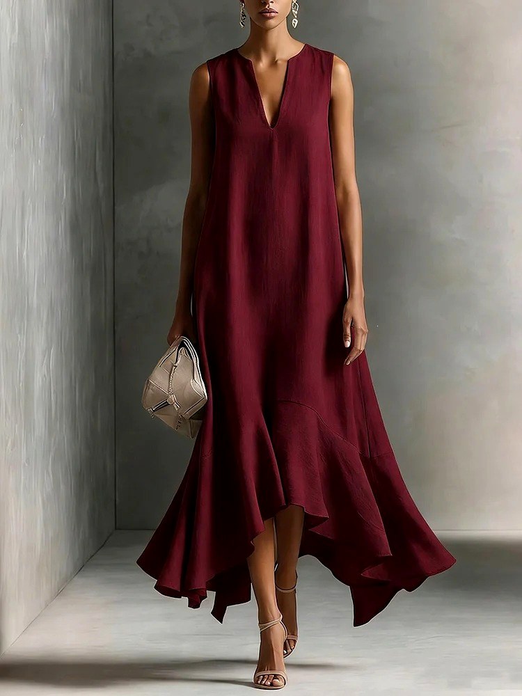 Yolanda - Women's V-Neck Asymmetric Flared Midi Dress 2