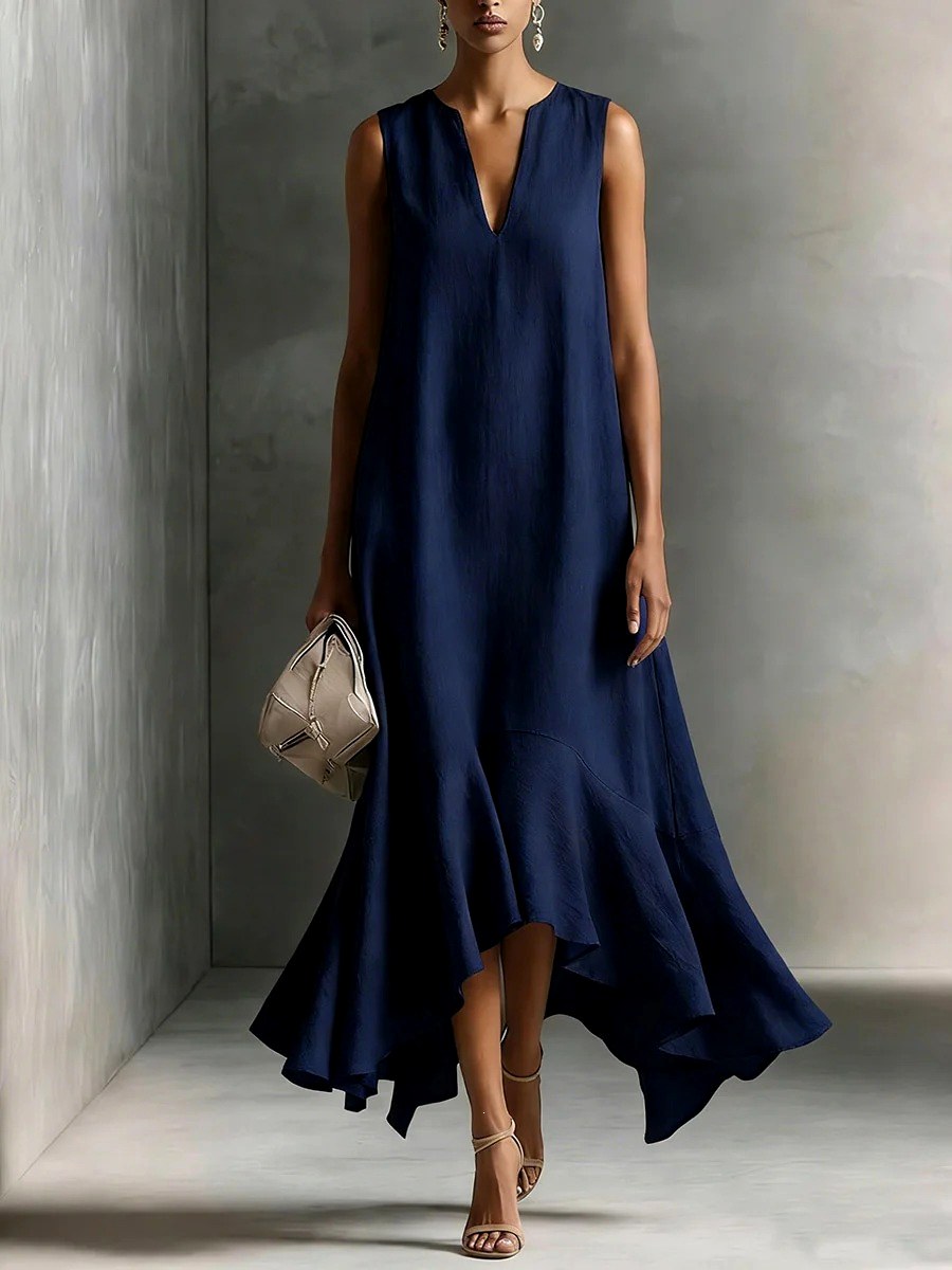 Yolanda - Women's V-Neck Asymmetric Flared Midi Dress 4